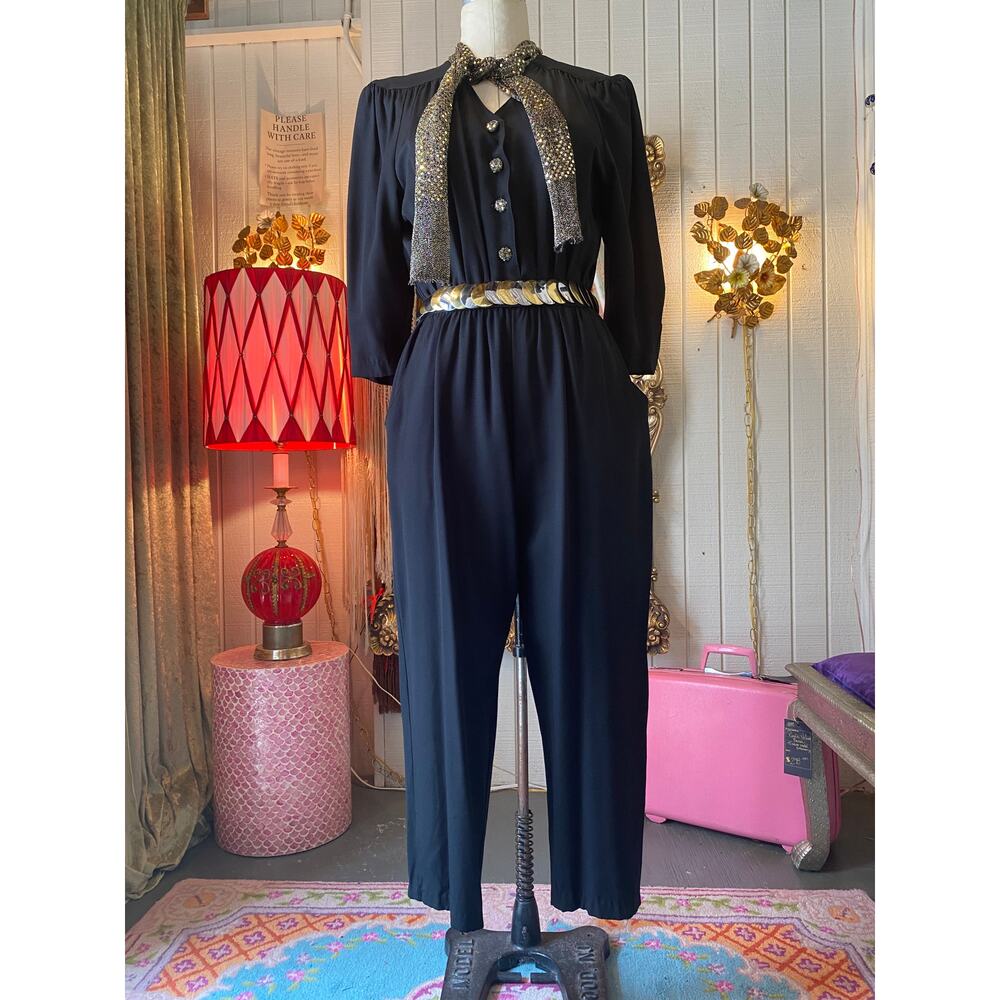 vintage 1980s black rayon jumpsuit, glam style, 80s fashion, gold sequin, med 28
